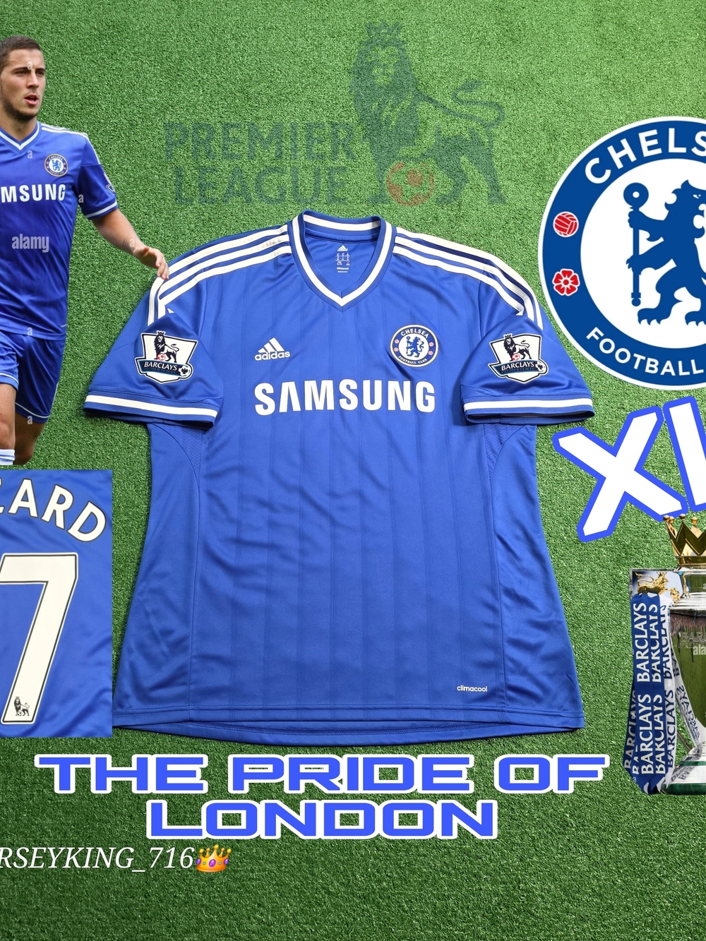 Adidas Chelsea FC Eden Hazard #17 2013/2014 Home Blue Jersey EPL Patches Rare XL